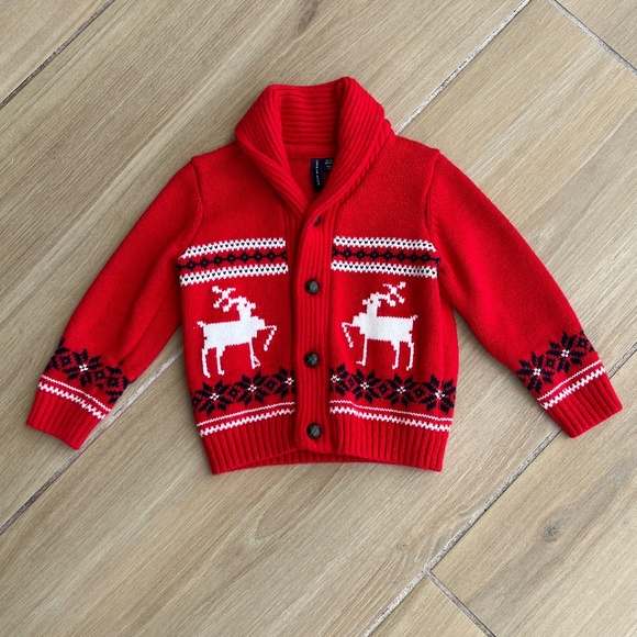 Janie and Jack Size 12-18 Months Fair Isle Reindeer Cardigan Bradbury Red - Picture 3 of 11